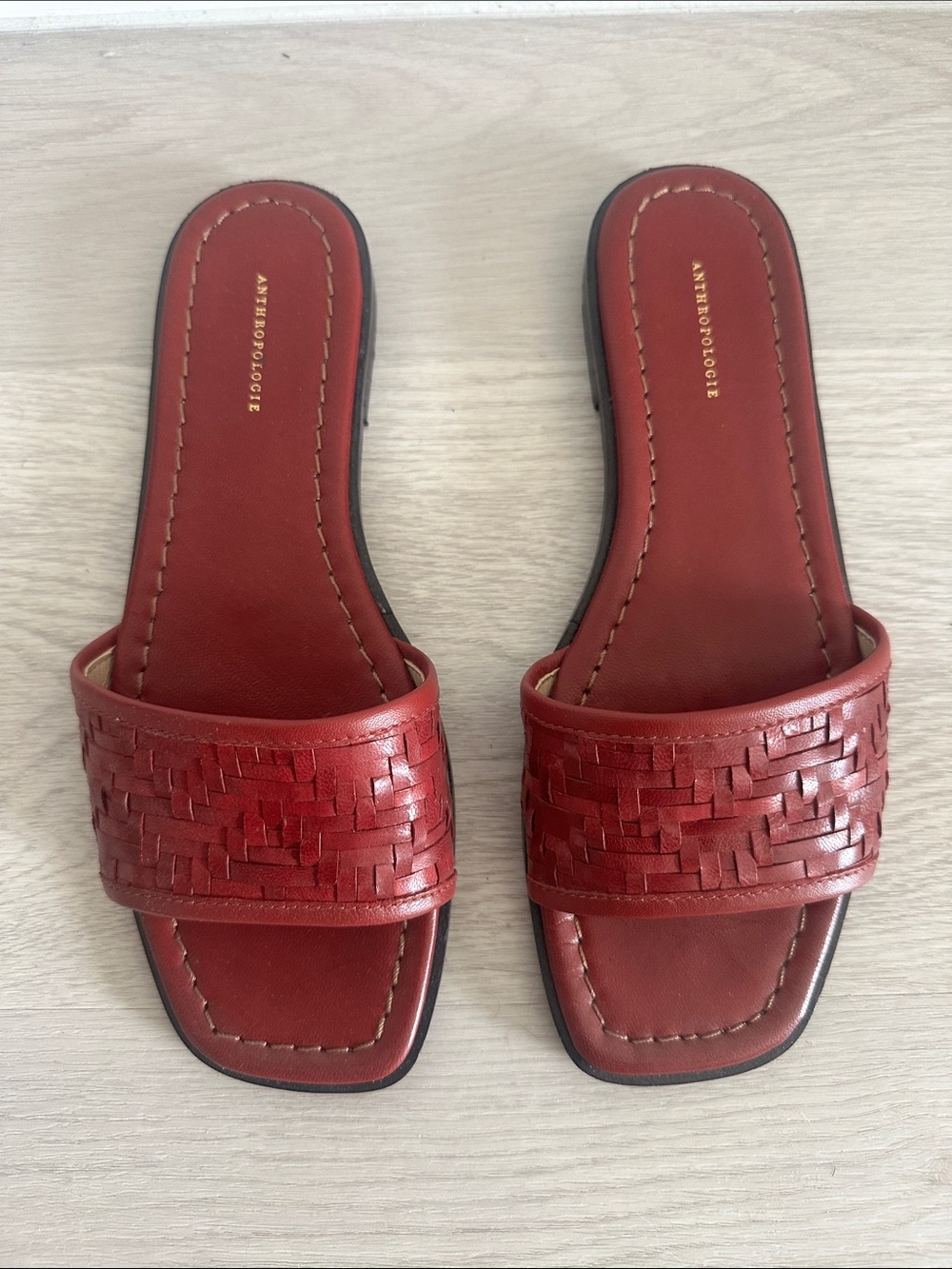 Anthropologie Red Woven Leather Slide Mules